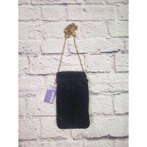 NEW Claire's Black Fuzzy Plush Cell Phone Holder With Gold Chain Strap